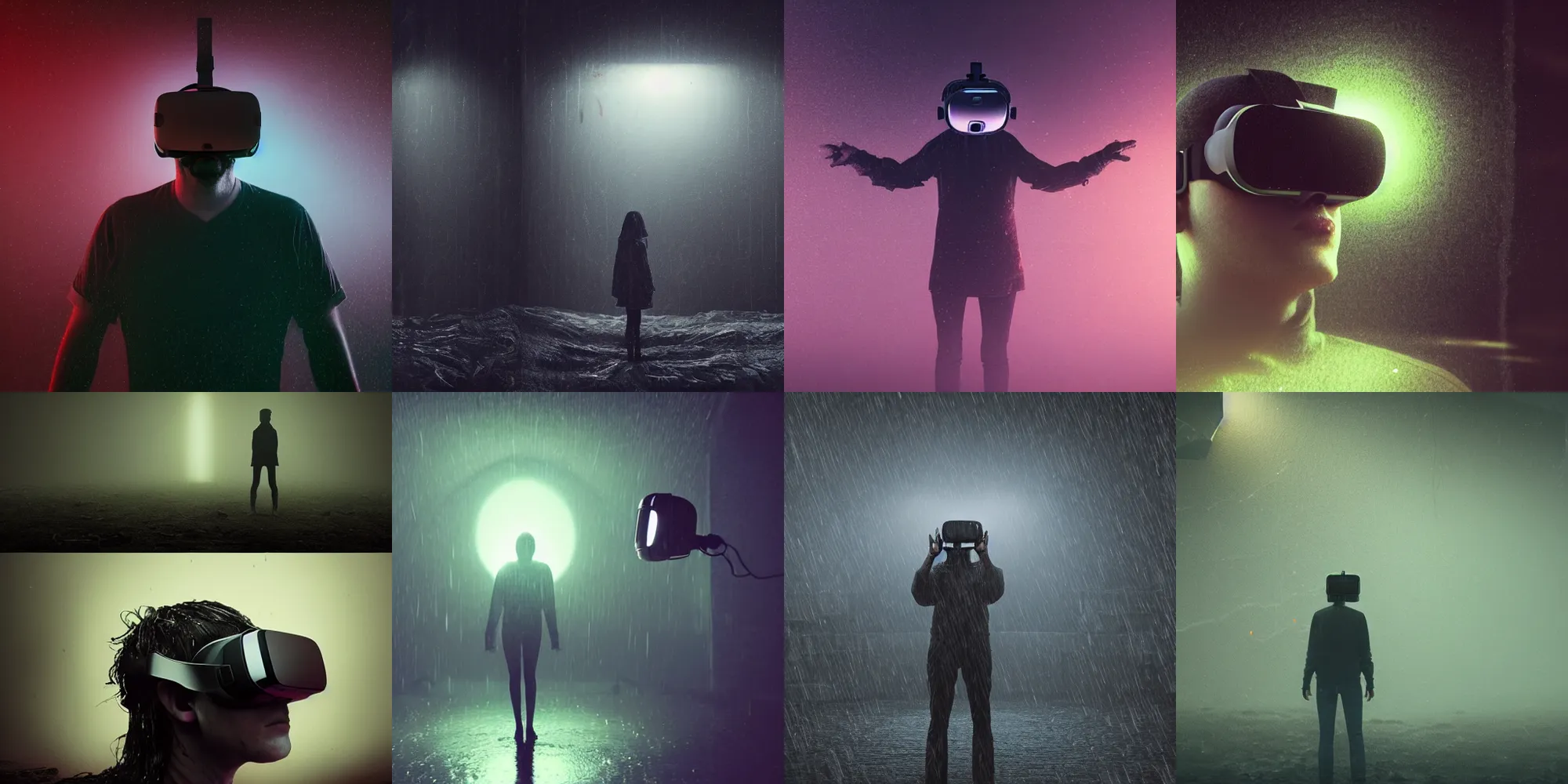 Prompt: beautiful dark creepy wet landscape, person screaming wearing a virtual reality headset, in the style of beeple and Mike Winkelmann, intricate, epic lighting, cinematic composition, hyper realistic, 8k resolution, unreal engine 5,