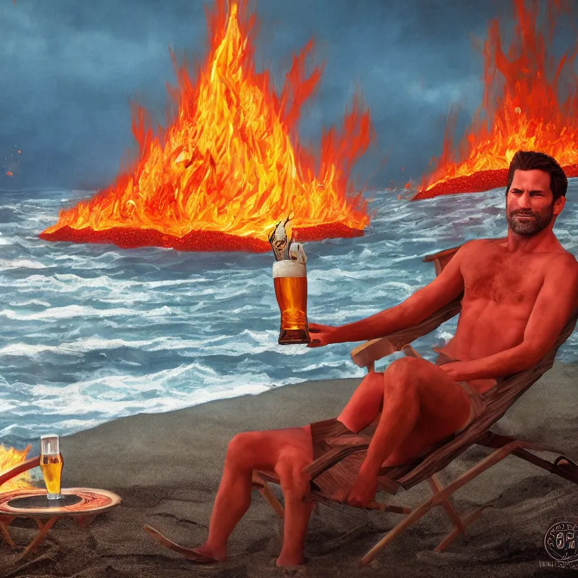 Prompt: Lucifer Morningstar laying in a beach chair on a lava beach in hell drinking a beer, 4k, highly detailed, in the style of Niko Henrichon