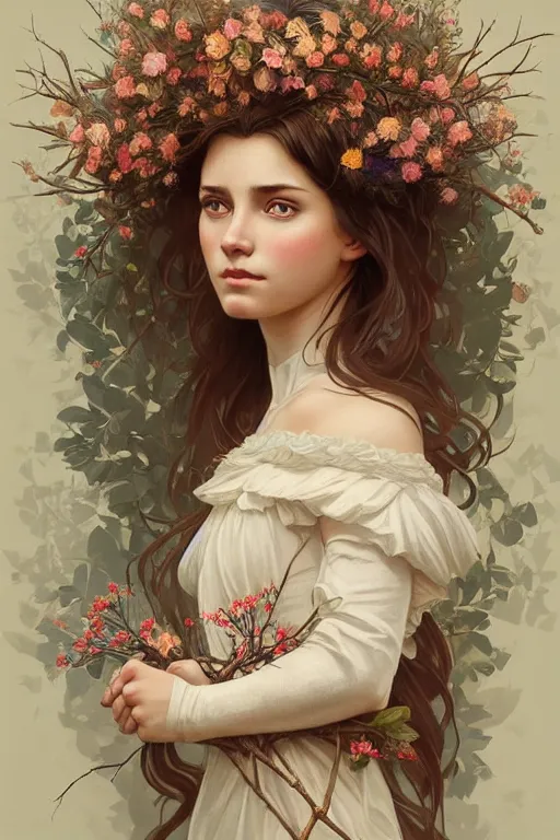 Image similar to symmetry!! full body portrait!!!! of a beautiful!!!! girl, pretty face, decorated with twigs and flowers, intricate, elegant, highly detailed, digital painting, artstation, concept art, smooth, sharp focus, illustration, art by artgerm and greg rutkowski and alphonse mucha, 8 k