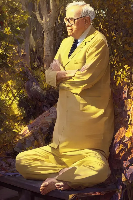 Image similar to warren buffet godly clothes meditating in the sun, yellow lighting ultra realistic photorealistic highly detailed high quality, a stunningly, digital painting, artstation, concept art, smooth, sharp focus, illustration, art by artgerm and greg rutkowski and alphonse mucha 8 k