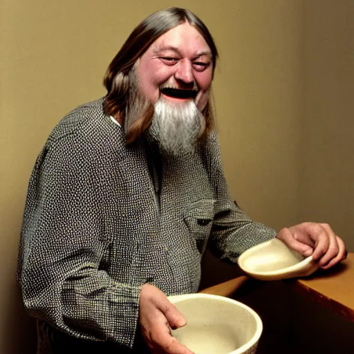 Prompt: robert wyatt smiling with open mouth, staring at his bowl of amanita mushrooms