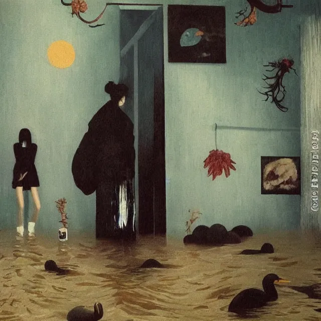Image similar to tall female emo artists in their flooded apartment, rotenburo, painting of flood waters inside an artist's home, a river flooding indoors, pomegranates, pigs, ikebana, zen, water, octopus, river, rapids, waterfall, black swans, canoe, berries, acrylic on canvas, surrealist, by magritte and monet