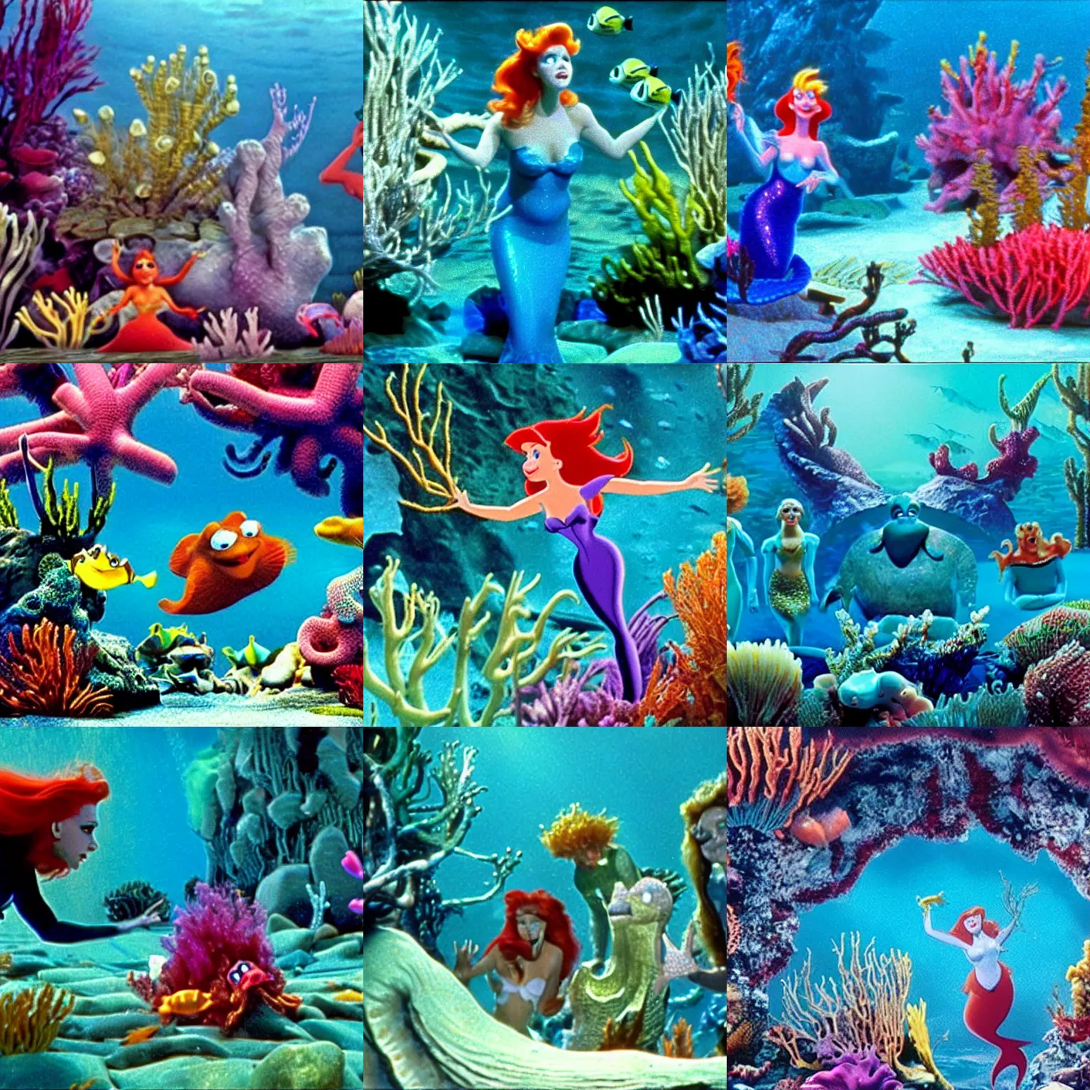 Prompt: a rock band of underwater sea creatures, a still photo from'the little mermaid ( 1 9 8 9 )'