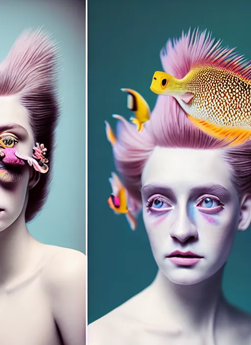 Prompt: Kodak Portra 400, 8K, soft light, volumetric lighting, highly detailed, fine art portrait photography in style of Flora Borsi, britt marling style 3/4 face morphing with pastel colors tropical fishes, metamorphosis complex 3d render , 150 mm lens, art nouveau fashion embroidered, intricate details, elegant, hyper realistic, ultra detailed, octane render, etheric, outworldly colours, emotionally evoking, head in focus, fantasy, ornamental, intricate, elegant, 8K, soft light, volumetric lighting, highly detailed, Refined, Highly Detailed, soft lighting colors scheme, fine art photography, Hyper realistic, photo realistic