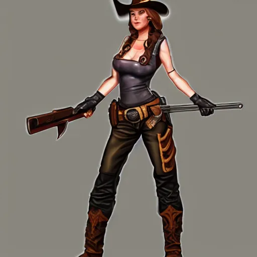 Image similar to full body, female cowgirl, perfect face, long rifle, 8 k, magic the gathering, d & d, artstation