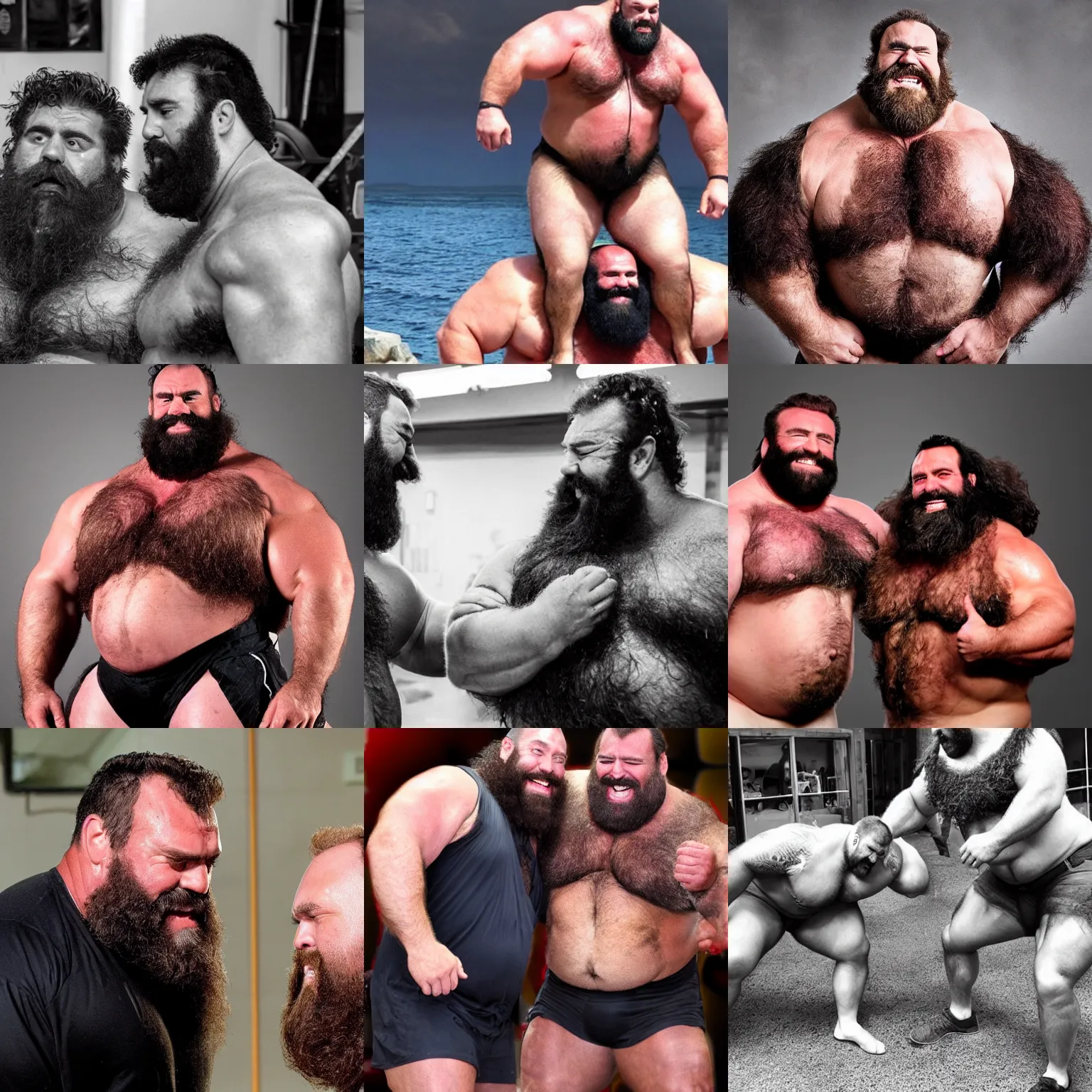 Prompt: two big hairy burly strongmen melting into one another