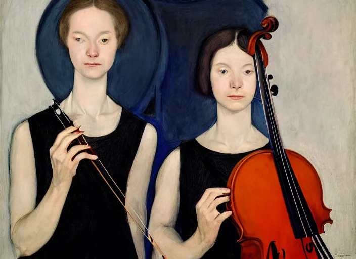 Prompt: portrait of two young nervous violin players getting ready to perform, half figure front, killian eng and pat steir and hilma af klint and james jean, psychological, photorealistic, symmetrical faces, intriguing eyes, rendered in octane, altermodern, masterpiece