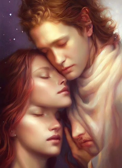 Image similar to art theme love is patient love is kind, photorealistic oil painting by charlie bowater and mark blooms, wlop