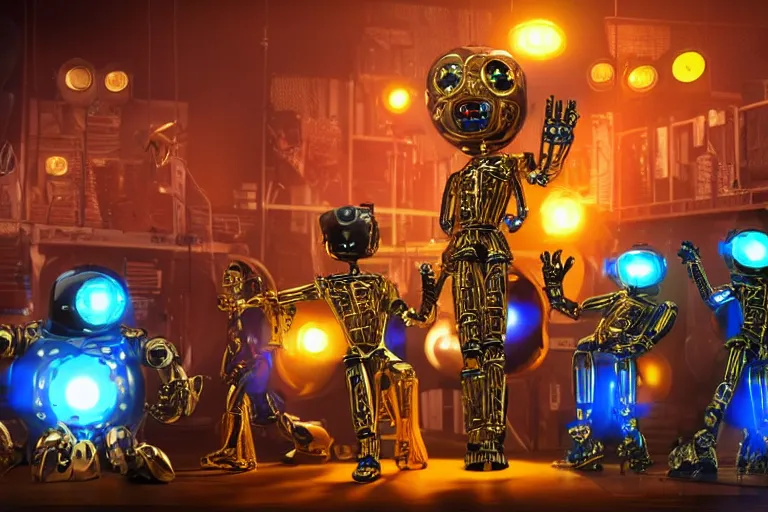 Image similar to scene from the voice of america, on stage are 4 golden and blue metal humanoid steampunk robots dancing wild, robots are wearing golden gears and tubes, eyes are glowing red lightbulbs, shiny crisp finish, 3 d render, 8 k, insaneley detailed, fluorescent colors, nightlight