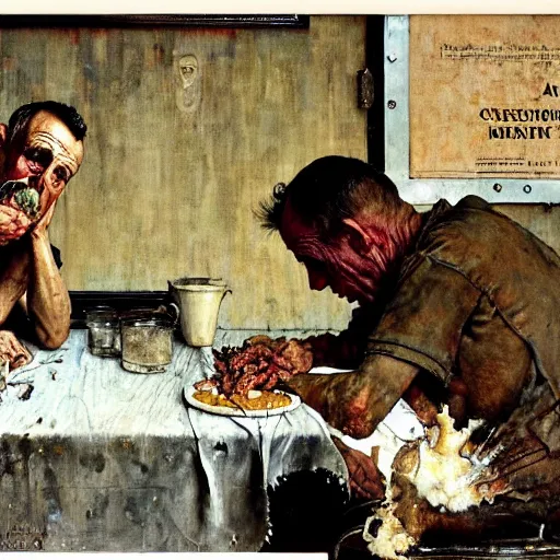 Image similar to a condemned prisoner eating his last meal, somber, dirty, artist norman rockwell and john sargent,