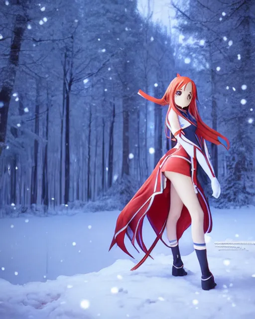 Image similar to photo of asuna from sao in winter location, asuna by a - 1 pictures, by greg rutkowski, gil elvgren, enoch bolles, glossy skin, pearlescent, anime, maxim magazine, very coherent, 3 d render, vray, maya