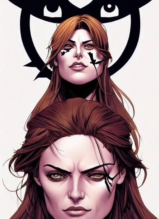 Prompt: Rafeal Albuquerque comic art, Joshua Middleton comic art, pretty female Phoebe Tonkin, pirate, eye patch over one eye, evil smile, symmetrical face, symmetrical eyes, pirate clothing, long wavy brown hair, full body:: sunny weather::