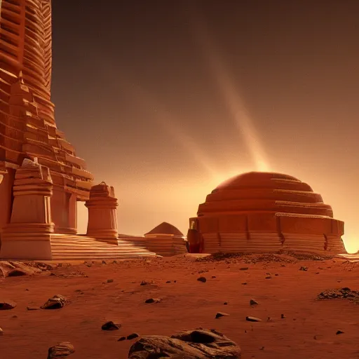 Prompt: mars architecture, temple of enlightenment, beams of light shining out from temple, parametricism, computational, moody, concept art, 8k