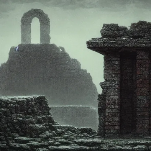 Prompt: an ancient ruin in style of Zdislaw Beksinski, ArtStation, Deviantart HD screenshot