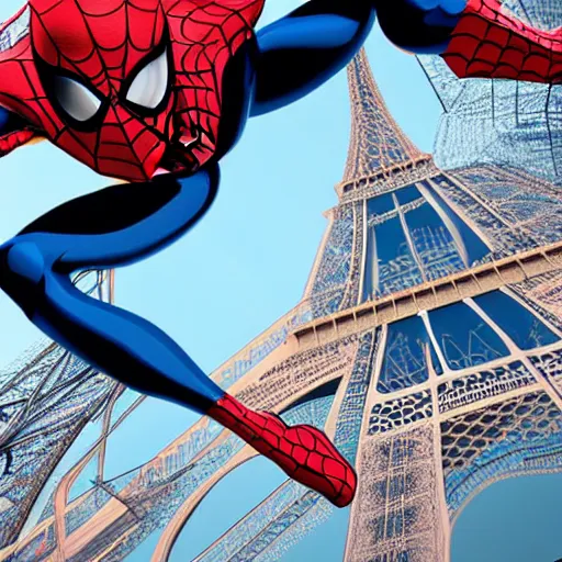 Image similar to two - point perspective landscape of spider man sitting on top of the eiffel tower