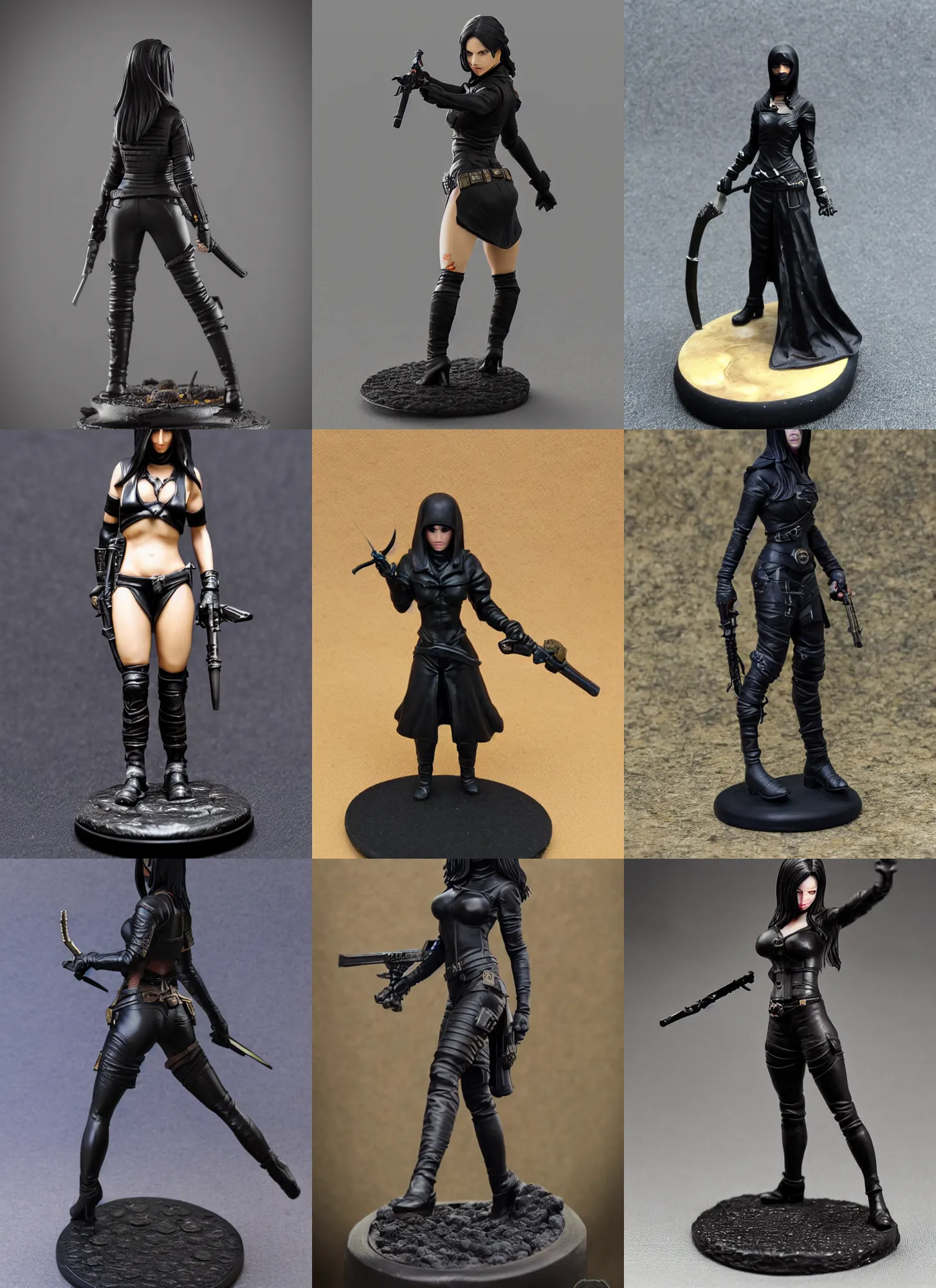 Prompt: 80mm resin detailed miniature of a assassin woman in black, full body, stomach, navel, boots, Logo, textured disc base; Product Introduction Photos, 4K, view from front