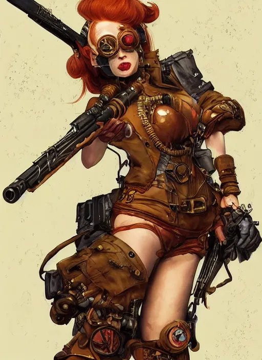 Image similar to 8K, realistic ginger Lady Mechanika in a Comic Book cover, holding a shotgun, and wearing victorian goggles in a ultradetailed Steampunk scenary, smooth, sharp focus, illustration. Art by Artgerm and Peter Andrew Jones and Pete Tapang and Alina Ivanchenko and Hirokazu Yokohara and Kago Shintaro. Trending on artstation, featured in Deviantart, Wallhaven Wallpaper, sharp focus, D&D, detailed, intricate, cinematic lighting,