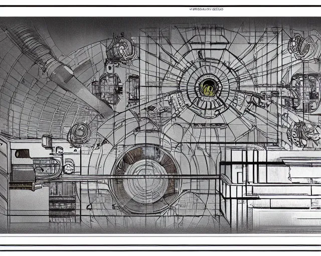 Prompt: a full page of a mechanical blueprint showing the interior of gamera, with a big head, muted colors, post grunge, studio ghibli, hq,