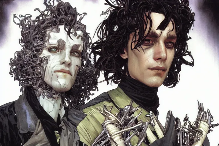 Image similar to comic book illustration, portrait of Edward Scissorhands, cyberpunk concept art by artgerm and Alphonse Mucha and Moebius, highly detailed, intricate, sci-fi, sharp focus, Trending on Artstation HQ, deviantart