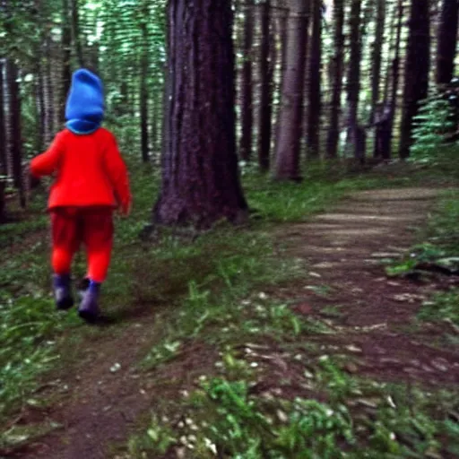 Image similar to bad quality screenshot of a leaked video of a small person dressed as gnome following me through a forest trail, night time, bright camera flash, camera shaking, realistic, ultrarealistic, 480p, scary