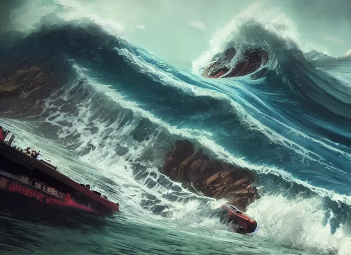 Prompt: A massive tsunami wave as a grand theft auto 5 loading screen, intricate, dystopian, fantasy, extremely detailed, digital painting, artstation, concept art, smooth, sharp focus, illustration, intimidating lighting, incredible art by artgerm and greg rutkowski and alphonse mucha and simon stalenhag