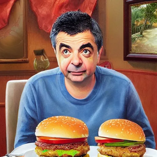 Prompt: portrait of rowan atkinson eating giant hamburgers, extra bacon lettuce and tomatoes, an oil painting by ross tran and thomas kincade