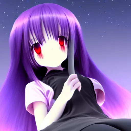 Image similar to A render of a cute young 3D anime girl with long violet hair, she is laying on her back, top down camera angle pointing at her face, wearing a long flowing black reaper hood with black pants, a bloody scythe is laying next to her foot, in a dark field, laying on her back, full body, dark and moody lighting, night time