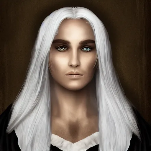 Prompt: noble elf in black robes, white hair, hyperrealistic