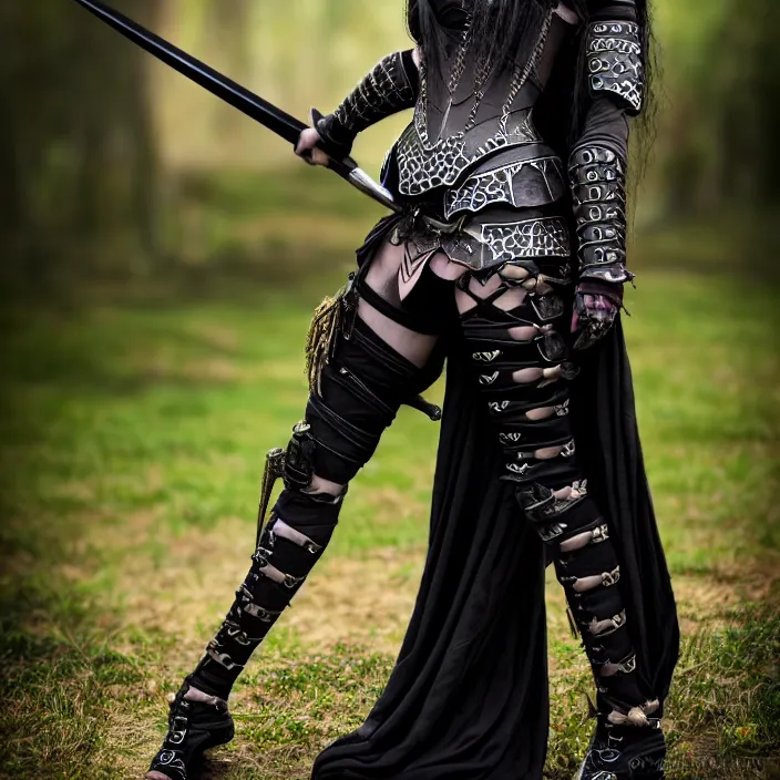 Prompt: professional full length photograph of a beautiful female goth warrior. Extremely detailed. 8k