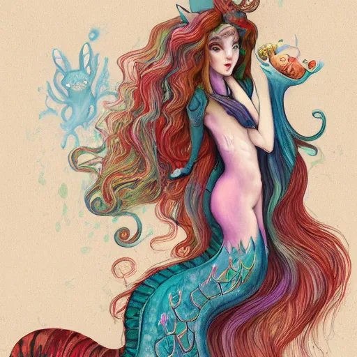 Prompt: cat seahorse mermaid shapeshifter wearing a comfy robe, long-haired humanoid fursona by Peter Mohrbacher and Louis Wain, furaffinity, trending on artstation