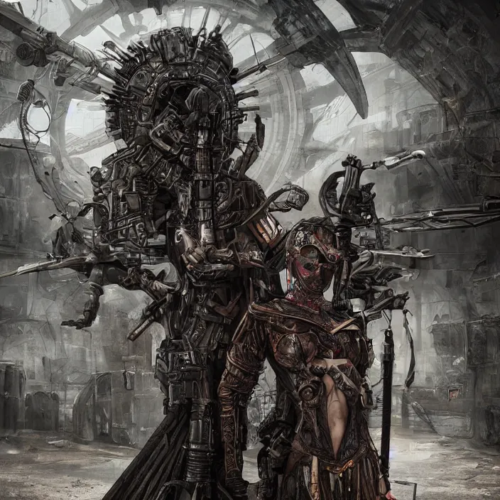 Image similar to apocalyptic woman in hood standing in hall of machinery and weaponry, hyper - detailed, smooth, sharp focus, 4 k ultra hd, fantasy dark art