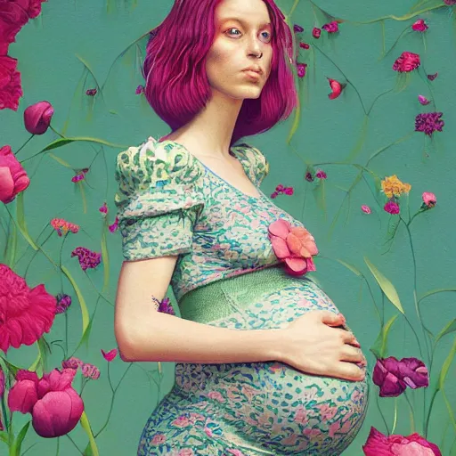 Image similar to pretty pregnant model with flowers : : by martine johanna and simon stalenhag and chie yoshii and casey weldon and wlop : : ornate, dynamic, particulate, rich colors, intricate, elegant, highly detailed, vogue, harper's bazaar art, fashion magazine, smooth, sharp focus, 8 k, octane render