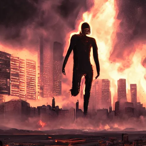 Prompt: damaged and charred metallic android emerging from fire and smoke, carrying a sleeping child, background of futuristic cityscape, buildings on fire, no blur, high detail, movie still, nighttime