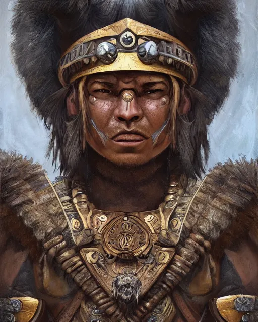 Prompt: digital painting of incan warrior, by filipe pagliuso and justin gerard, symmetric, fantasy, highly detailed, realistic, intricate, portrait, sharp focus, tarot card, face, handsome, peruvian