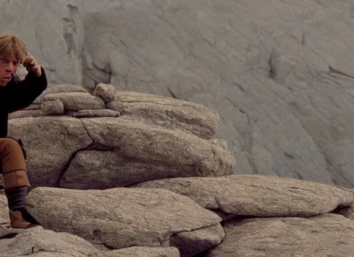 Image similar to screenshot of Luke Skywalker, played by Mark Hammill, sitting down surrounded by rocks hovering in mid-air, outside on the rocky jedi temple, iconic scene from the force awakens, 1980s film directed by Stanley Kubrick, great portrait of Mark Hammill, cinematic lighting, kodak, strange, hyper real, stunning moody cinematography, with anamorphic lenses, crisp, detailed portrait, 4k image