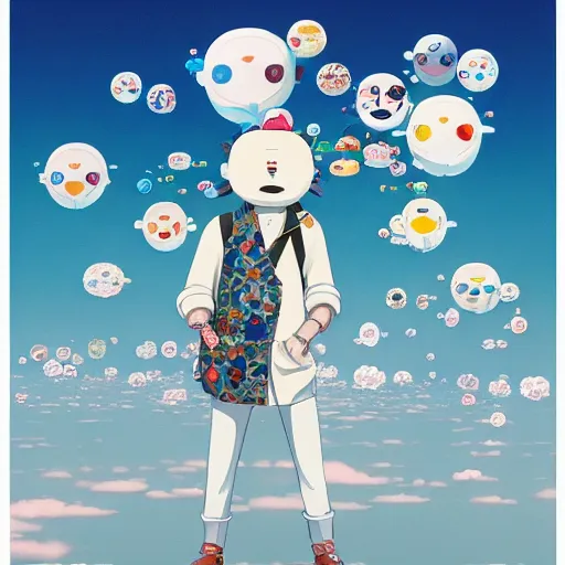 Image similar to a man walking on clouds away from the camera above kyoto by takashi murakami, beeple and james jean, aya takano color style, 4 k, super detailed, modern, 4 k, symmetrical