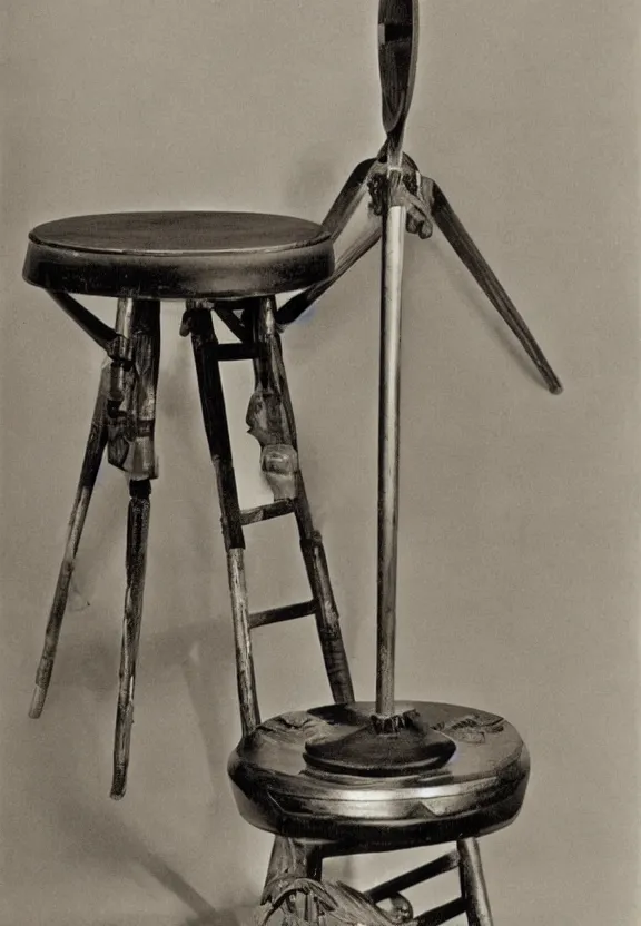 Image similar to a spinning wheel sitting on top of a stool, a surrealist sculpture by marcel duchamp, archival pigment print, 1 9 1 4, conceptual art, artwork, academic art, surrealist