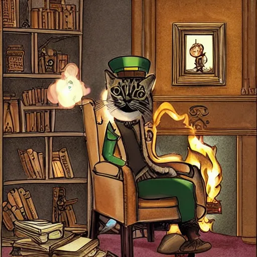 Image similar to steampunk cat sits in a chair in front of a fireplace in a book lined room and smokes a pipe. realistic and detailed