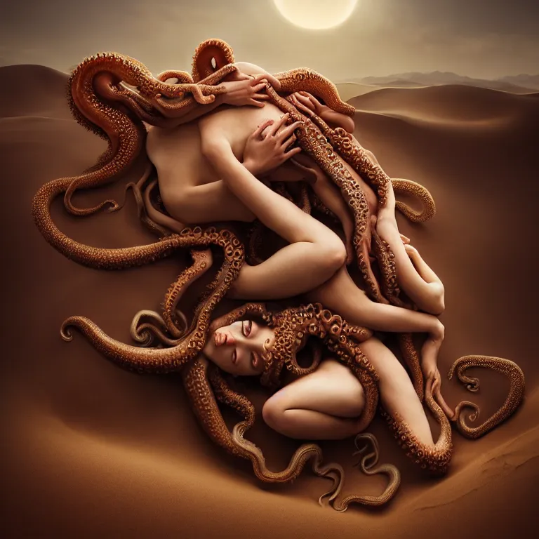 Prompt: surreal octopus hugging young white woman, in desert, dune, baroque painting, beautiful detailed intricate insanely detailed octane render trending on Artstation, 8K artistic photography, photorealistic, chiaroscuro, Raphael, Caravaggio
