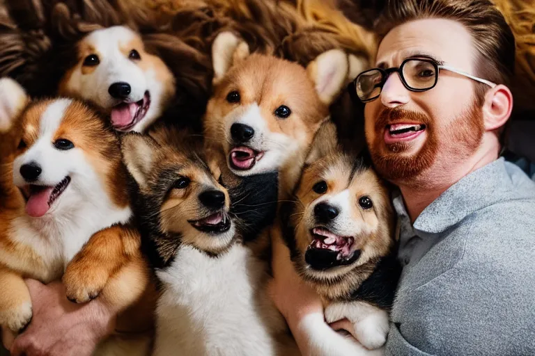 Prompt: chris evans surrounded by corgi puppies, grinning, living room floor, cozy, 3 5 mm, f / 8, flash photography, snapshot