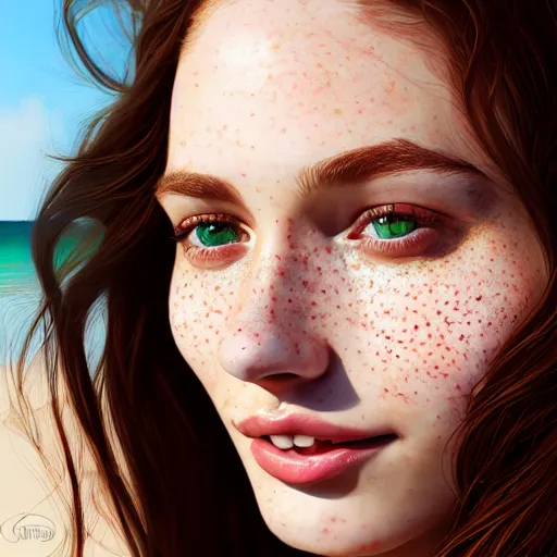 Image similar to portrait of a cute thin young woman, bronze brown hair, eye color is emerald green, red blush, cute freckles, smug smile, modern clothes, relaxing on the beach, golden hour, close up shot, 8 k, art by irakli nadar, hyperrealism, hyperdetailed, ultra realistic