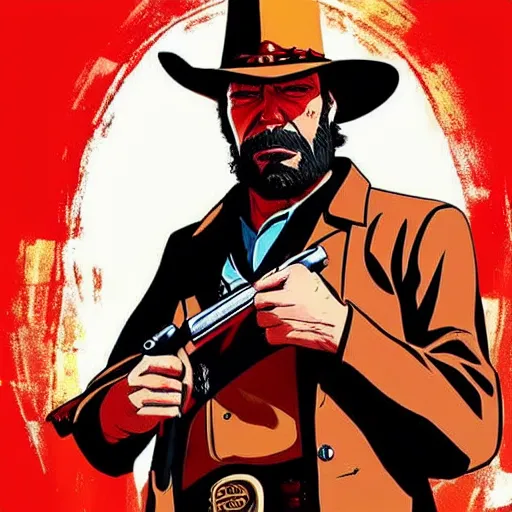 Image similar to a cowboy in the style of red dead redemption, lucky luke, the good, the bad and the ugly, clint eastwood, steven seagal, bud spencer, donald trump, glory days, patriotism