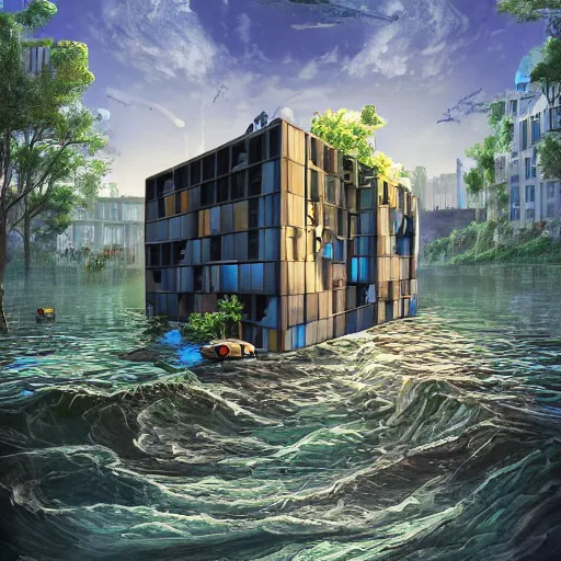 Image similar to cuboid sci-fi building next to a river and houses, sense of hope, daytime, digital art, art station, extremely detailed