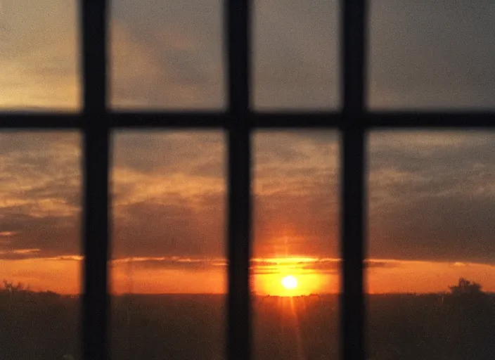 Image similar to poor quality photo of the sunrise through a window, brown sky