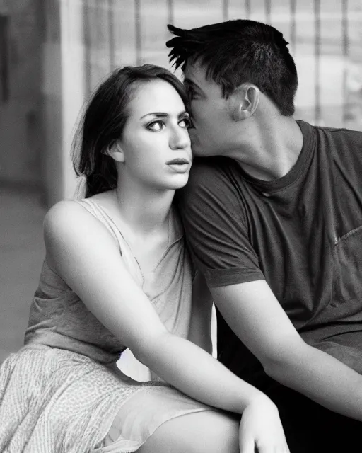 Image similar to black and white photo, two young lovers stare longingly into each others eyes, cdx