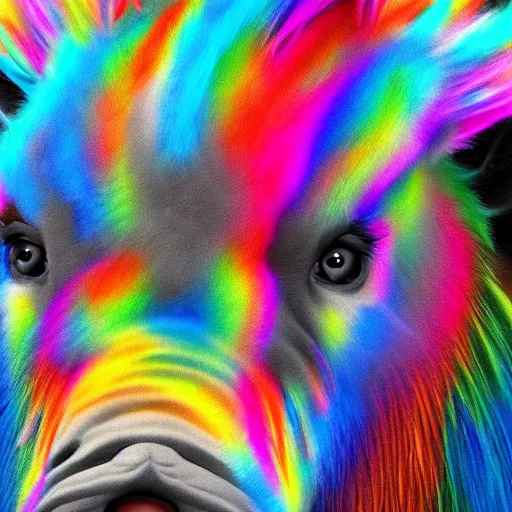 Image similar to cute fluffy rhinocerous with long flowing colorful fur character concept detailed painting 4 k