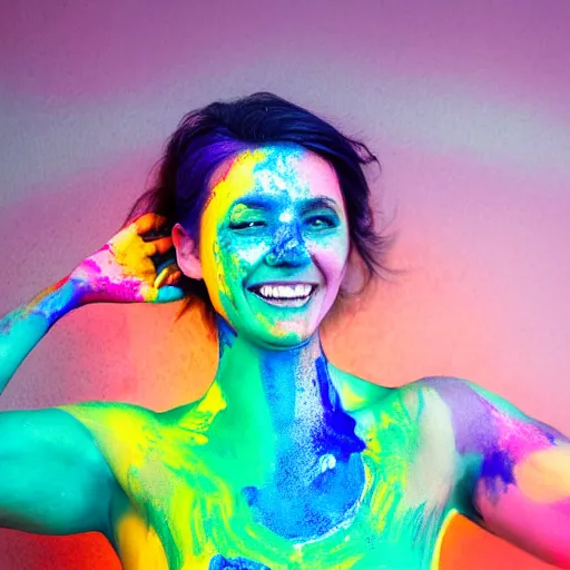 Image similar to a fullbody photo of a female smiling, painted her body with ultraviolet paint, 5 0 mm lens, f 1. 4, sharp focus, ethereal, emotionally evoking, head in focus, volumetric lighting, 8 k