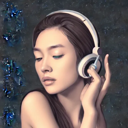 Image similar to an illustration of a beautiful woman listening to music with headphones by Dao Trong Le, highly detailed, digital art, trending on artstation