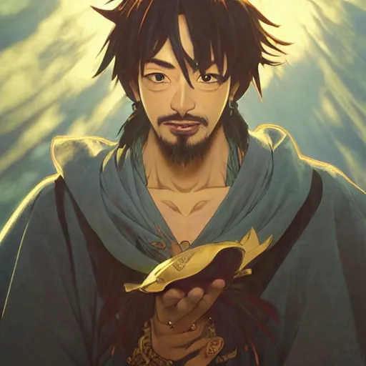 Image similar to highly detailed vfx portrait of kaido by eiichiro oda, makoto shinkai, alphonse mucha, sharp focus, art by artgerm and greg rutkowski!, backlit, harsh overhead sunlight, blue eyes, stanley kybric, takeshi obata, kaoru mori, pixiv, fanbox,