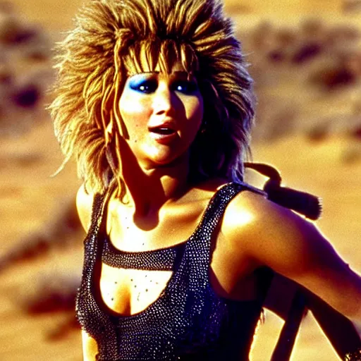 Image similar to jennifer lawrence as tina turner from mad max beyond thunderdome, movie still editorial photography